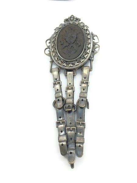 Victorian Gutta Percha Brooch Pansy Oval Plaque Bezel Set Silver Oak Leaf Frame with Articulated Belt Buckle Chatelaine Dangle 4 Inches Long