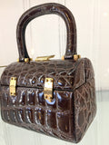 Vintage Domed Box Handbag 4 Inches Top Handles Brown Crocodile Skin Gold Hardware Nieri Argenti Handmade Florence Italy 6 1/2 Inches Long 5 Inches High