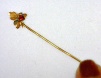 Vintage Maple Leaf Stick Pin Engraved Two-Tone Gold Textured Metal 2 mm Round Red Glass Stone 0.8 Grams 2 Inches Long