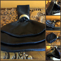 Black Satin Pouch Handbag with Wrist Style Handle, Gold Metal Accents 1930's