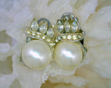 Marvella Faux Pearl and Rhinestones Clip-On Earrings 1950's Silver Tone Metal 12 mm Pearl 1/2 Inch Wide 1 Inch Long