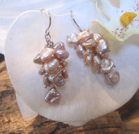 Cultured Freshwater Pearl Cluster Dangle Earrings Peach Pink Silvery Grey Sterling Silver 1 3/4 Inches Long