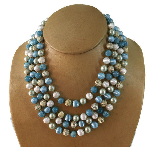 Blue Mint Green and Matte Gold Round Glass Bead Multi Strand Necklace 1950's Made in Japan 16, 17, 18, 19 Inches Long 3 Inches Long Extension Chain