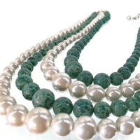 Mid-Century Hong Kong Faux Green Jade and White Pearl 4 Strands Glass Bead Necklace 11-13 mm Round 17 Inches Long 2 Inches Extension Chain