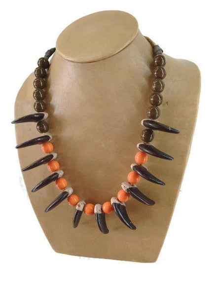 Bear Claws Orange Brown Crow Bead Necklace Vintage American 12 Wood Carved Claws 29 1/2 Inches Long