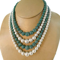 Mid-Century Hong Kong Faux Green Jade and White Pearl 4 Strands Glass Bead Necklace 11-13 mm Round 17 Inches Long 2 Inches Extension Chain