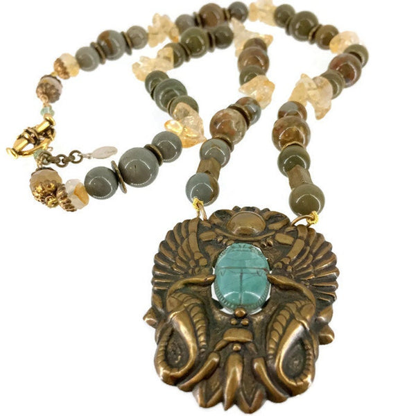 Egyptian Revival Faience Scarab Pendant Bead Single Strand Necklace Gemstones Jasper Citrine Vintage African Brass Beads 57 Grams 20 Inches Long