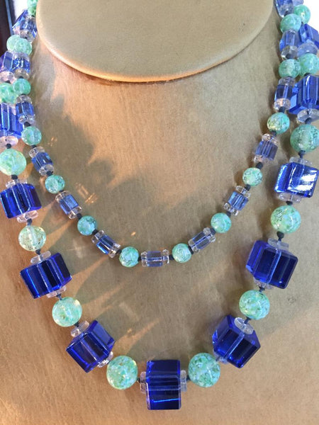 Crystal Graduated Sautoir Necklace 1920's Blue Cubes Mint Green Spheres Clear Crystal Spacer Beads Hand Knotted 37 Inches Long