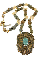 Egyptian Revival Faience Scarab Pendant Bead Single Strand Necklace Gemstones Jasper Citrine Vintage African Brass Beads 57 Grams 20 Inches Long