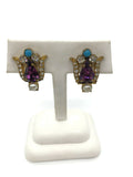 Fleur de Lis Colorful Rhinestone Clip on Earrings Gold Faux Amethyst Turquoise Pearl 1 Inch Wide and Long