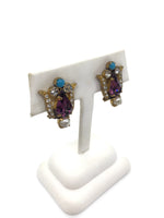 Fleur de Lis Colorful Rhinestone Clip on Earrings Gold Faux Amethyst Turquoise Pearl 1 Inch Wide and Long