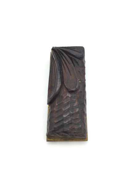 Vintage Wood Dress Clip Hand Carved Stylized Pinecone Motif Rich Coffee Brown 1.5 Inches Long 17 mm Wide 10 mm Thick