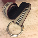 Vintage Burberry Wide Belt Cloth and Black Leather Cloth Beige Black Burgundy with Silver Double Ring Logo Belt Buckle 39.5 Inches Long 2 Inches Wide