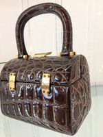 Vintage Domed Box Handbag 4 Inches Top Handles Brown Crocodile Skin Gold Hardware Nieri Argenti Handmade Florence Italy 6 1/2 Inches Long 5 Inches High