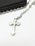 Mid-20th Century Rosary Crystal Clear Faceted Glass Beads Sterling Silver Crucifix Chain Medallion Presentation Box