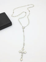 Mid-20th Century Rosary Crystal Clear Faceted Glass Beads Sterling Silver Crucifix Chain Medallion Presentation Box