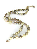 Mid 20th Century Faux Pearl 2-Strand Bead Necklace Warm White, Light/Dark Taupe Pearls, Topaz Crystals 13, 14 Inches Long plus 3 1/2 Inches Extension Chain