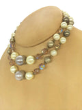 Mid 20th Century Faux Pearl 2-Strand Bead Necklace Warm White, Light/Dark Taupe Pearls, Topaz Crystals 13, 14 Inches Long plus 3 1/2 Inches Extension Chain