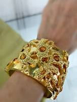 Vintage Givenchy Logo Cuff Bracelet Gold Plated Yellow Gripoix Crystals 1987 2 3/4 Inches Wide 7 1/8 Inches Long