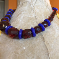 Bakelite Cherry Amber Beads Single Strand Choker Necklace Vintage Dutch Cobalt Blue Donut Shaped Dogon Trade Beads Sterling Silver Toggle Clasp 46.3 Grams 19 Inches Long