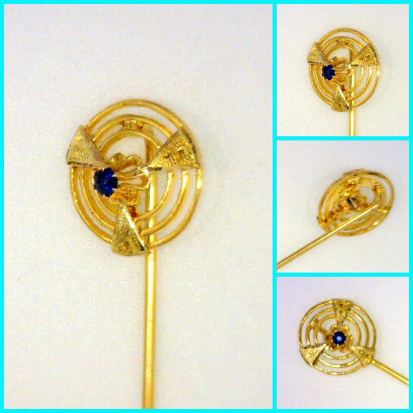 Vintage 10 Karat Yellow Gold Blue Sapphire Stick Pin Pierced Engraved Framed Genuine 2 mm Round Gemstone 1.3 Grams 2 7/8 Inches Long