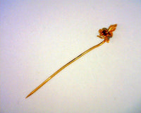 Vintage Maple Leaf Stick Pin Engraved Two-Tone Gold Textured Metal 2 mm Round Red Glass Stone 0.8 Grams 2 Inches Long