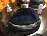 Black Satin Pouch Handbag with Wrist Style Handle, Gold Metal Accents 1930's