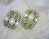 Two Tone Metal and White Pearl Half Hoop Clip-On Earrings Gold Silver 20 mm Wide 22 mm Long