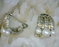 Two Tone Metal and White Pearl Half Hoop Clip-On Earrings Gold Silver 20 mm Wide 22 mm Long