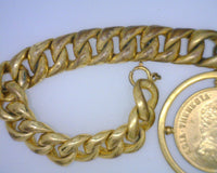 Maria Theresia Thaler Token Charm on Rolled Gold Plated Hollow Charm Bracelet 1 3/4 Inches Round Curb Chain 6 mm Thick 1/2 Inch Wide 7 1/2 Inches Long
