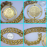 Maria Theresia Thaler Token Charm on Rolled Gold Plated Hollow Charm Bracelet 1 3/4 Inches Round Curb Chain 6 mm Thick 1/2 Inch Wide 7 1/2 Inches Long