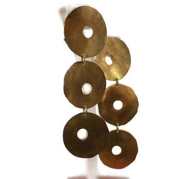 Woodstock Golden 3-Discs Dangle Earrings Modernist Signed ROZ Balkin Clip-On Ear Backs 19.1 Grams 1 Inch Wide 3 7/8 Inch Long