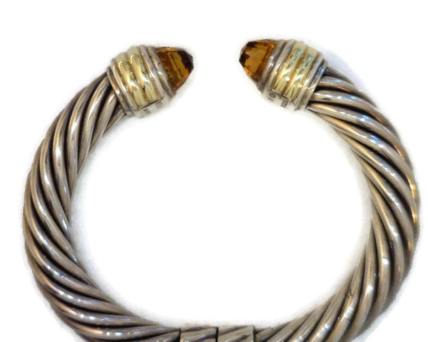 Classic Cable Cuff Hinged Bracelet 10 mm Wide Sterling Silver 14 Karat Yellow Gold Citrine Gemstones Size Medium Celebrity Owner Kathy Bates