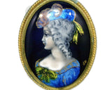 Vintage French Limoges Enamel Pin Signed Lady in Blue with Feathers in Hat Hand Painted Stamped Made in France 1 1/2 Inches Wide 2 Inches Long