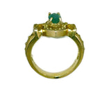 Emerald 14 Karat Gold Three Stone Ring Marquise-Cut 0.70 Carat Flanked by Trillion-Cut Yellow Sapphires 3 mm x 3 mm x 3 mm 5.5 Grams Size 6.75