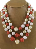 Mid Century Japanese Glass Baroque Pearl and Faux Coral 3-Strand Bead Necklace 15-18 mm 95 Grams 16 Inches Long