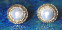 Cultured Saltwater White Pearl Post Earrings 11 mm  Baroque Shape Bezel Setting 14 Karat Yellow Gold Filigree 3/4 Inch Round