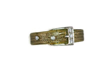 Vintage Diamond and Hand Woven Gold Belt Buckle Ring Band Two Tone Yellow White 18 Karat Gold 5 Diamonds 0.08 Carat 4.5 mm Wide 4.66 Grams Size 7.5