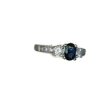 Blue Sapphire and Diamonds Three Stones Engagement Ring 14 Karat White Gold 0.35 Carat Oval Sapphire and 0.23 tcw Two Round Diamonds Vintage Engraved Size 4