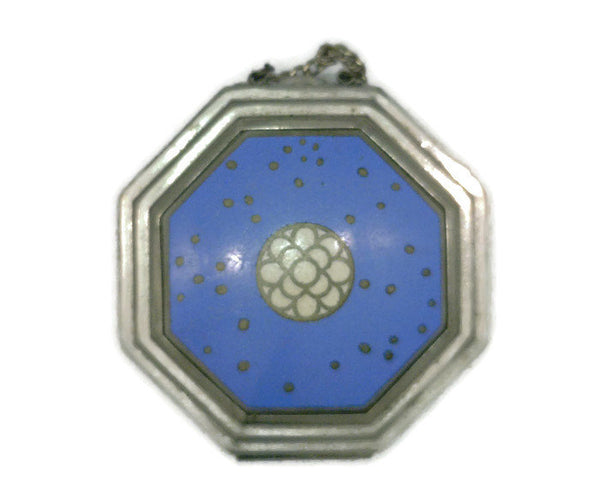 Richard Hudnut Cloisonne' Enamel le Debut Compact Octagonal Shape Blue Base White Center Flower Silver Dots Original Finger Chain