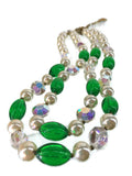 Lisner Mid-Century Faux White Pearl Aurora Borealis Crystal Emerald Green Bead 2-Strands Necklace 61 Grams 15 Inches Long 4 Inches Extension Chain