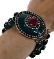 Vintage Wide Flaming Red Crystal 3-Strand Bracelet 12 mm Round Crystal Silver Black Glass Box Clasp 2 Inches Wide 7 5/8 Inches Long