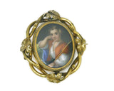 Antique Miniature Porcelain Portrait Pin 12 Karat Gold Ornate Frame Hand Painted Man with Red Vest Holding a Staff 24.2 Grams 2 Inches Long