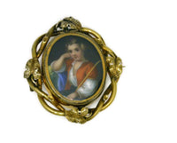 Antique Miniature Porcelain Portrait Pin 12 Karat Gold Ornate Frame Hand Painted Man with Red Vest Holding a Staff 24.2 Grams 2 Inches Long