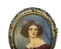 Antique Miniature Portrait Pin Women with Piercing Blue Eyes Stamped 800 Two-Tone Filigree Frame 12 Grams 1  1/2 Inches Wide 2 Inches Long