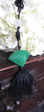 Vintage Black Jet Bead Tassel Necklace Green Cinnabar Fan Pendant Rose Quartz Black Silk Tassel Genuine Faceted Jet 27 Inches Long