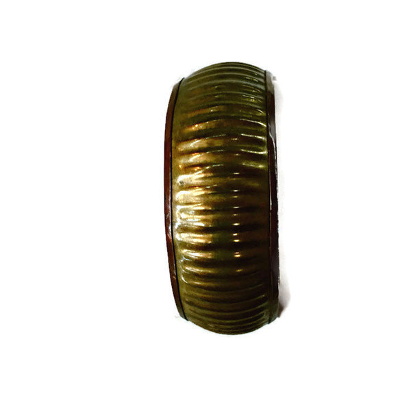 Vintage Brass and Copper Ribbed African Bracelet Mid-20th Century 36.55 Grams 1 1/4 Inches Wide 8 Inches Inside