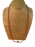 Jade Vivid Red Glass Bead Necklace Mid Century Japanese 3 mm Round Yellowish Brown 7 mm Lozenge 9.2 Grams 30 Inches Long