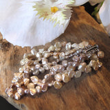 Cultured Freshwater Pearl 3-Strand Bracelet Creamy Peach Pale Pink White Keshi Pearls Secure Sterling Silver Saber Clasp 1 1/2 Inches Wide  7 1/4 Inches Long