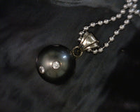 Black Tahitian Pearl Inlay Diamonds Pendant 14 Karat White Gold 11 mm Round Cultured Saltwater Pearl 5 Diamonds 0.10 CTW 3.3 Grams 3/4 Inch Long